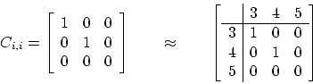 \begin{displaymath}
C_{i,i} =
\left[
\begin{array}{c c c}
1 & 0 & 0 \\
0 & 1 ...
...& 0 \\
4 & 0 & 1 & 0 \\
5 & 0 & 0 & 0 \\
\end{array}\right]
\end{displaymath}
