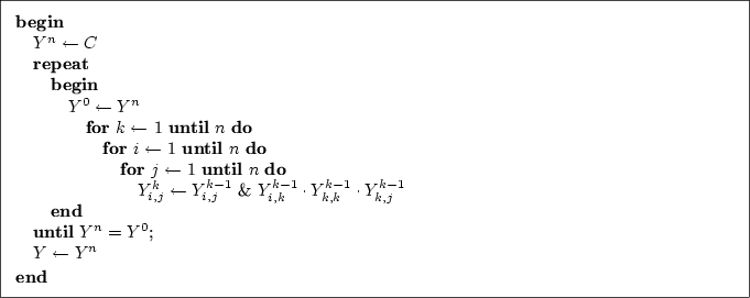 \begin{figure}\fbox{\parbox{14.4cm}{
\begin{small}
\textbf{begin}
\par
\hspace{0...
...5cm}$Y \leftarrow Y^n$
\par
\textbf{end}
\end{small}}}%\end{rahmen}
\end{figure}
